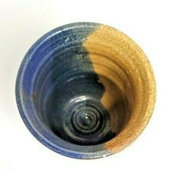 Handmade Signed Marked Vase or Utensil Holder Pottery Blue/Brown 5" - Picture 7 of 7